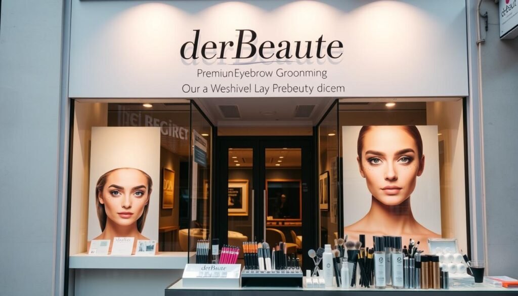 A well-lit, professional-looking storefront signage for "derBeaute" beauty salon, showcasing their premium eyebrow grooming services. The storefront features large display windows with a clean, minimalist aesthetic, allowing passersby to see the expertly-styled eyebrows of models within. The lighting is soft and warm, creating an inviting atmosphere. In the foreground, a beautifully presented display showcases various eyebrow-related tools and products, hinting at the salon's attention to detail and expertise. The overall scene conveys a sense of elegance, luxury, and the promise of a transformative eyebrow experience. A well-lit, professional-looking storefront signage for "derBeaute" beauty salon, showcasing their premium eyebrow grooming services. The storefront features large display windows with a clean, minimalist aesthetic, allowing passersby to see the expertly-styled eyebrows of models within. The lighting is soft and warm, creating an inviting atmosphere. In the foreground, a beautifully presented display showcases various eyebrow-related tools and products, hinting at the salon's attention to detail and expertise. The overall scene conveys a sense of elegance, luxury, and the promise of a transformative eyebrow experience.