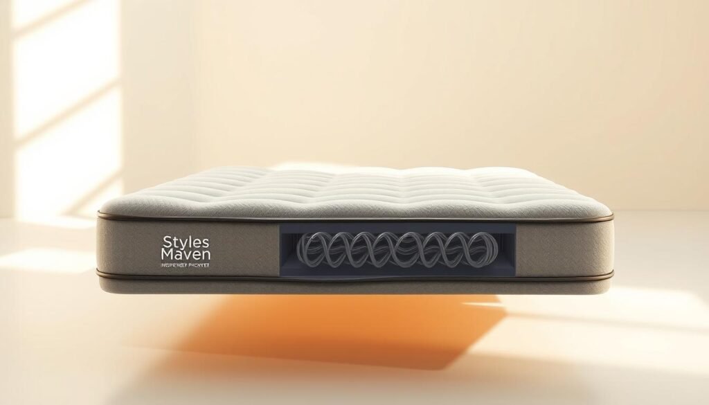 A high-quality, detailed rendering of a "StylesMaven" independent pocketed spring mattress. The mattress is showcased in a well-lit, minimalist studio setting with soft shadows and warm tones. The mattress features a sleek, modern design with a tightly upholstered surface and clean lines. The springs are clearly visible through the transparent covering, highlighting the internal construction. The image emphasizes the advanced technology and precision engineering that defines this innovative mattress design. A high-quality, detailed rendering of a "StylesMaven" independent pocketed spring mattress. The mattress is showcased in a well-lit, minimalist studio setting with soft shadows and warm tones. The mattress features a sleek, modern design with a tightly upholstered surface and clean lines. The springs are clearly visible through the transparent covering, highlighting the internal construction. The image emphasizes the advanced technology and precision engineering that defines this innovative mattress design.
