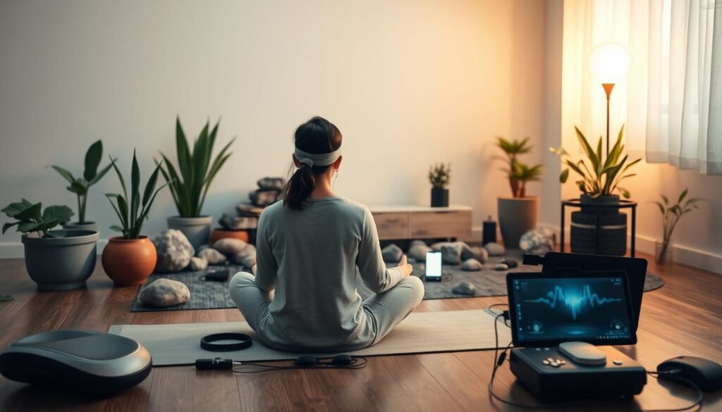 A tranquil scene of a person carefully performing the Epley maneuver to reposition displaced inner ear crystals. Warm natural lighting illuminates the serene home setting, with soothing earth-toned colors and minimalist decor. The subject's movements are graceful and deliberate, their expression calm and focused, as they gently tilt their head through the therapeutic sequence. The image conveys a sense of safety, control, and the empowerment of self-care, perfectly capturing the "Safe and Effective Home Otolith Repositioning Guide" at the heart of the article. A serene and tranquil scene of a person undergoing ear tinnitus rehabilitation training. In the foreground, a person sits comfortably on a yoga mat, eyes closed, focused on deep breathing exercises. Surrounding them, soothing natural elements like potted plants, smooth river rocks, and a calming water feature create a peaceful ambiance. The middle ground features various therapeutic tools and equipment, such as noise-canceling headphones, a biofeedback device, and a tablet displaying soothing visuals. In the background, a warm, diffused lighting gently illuminates the space, conveying a sense of healing and restoration. The overall mood is one of calm, mindfulness, and the gradual recovery of auditory function.