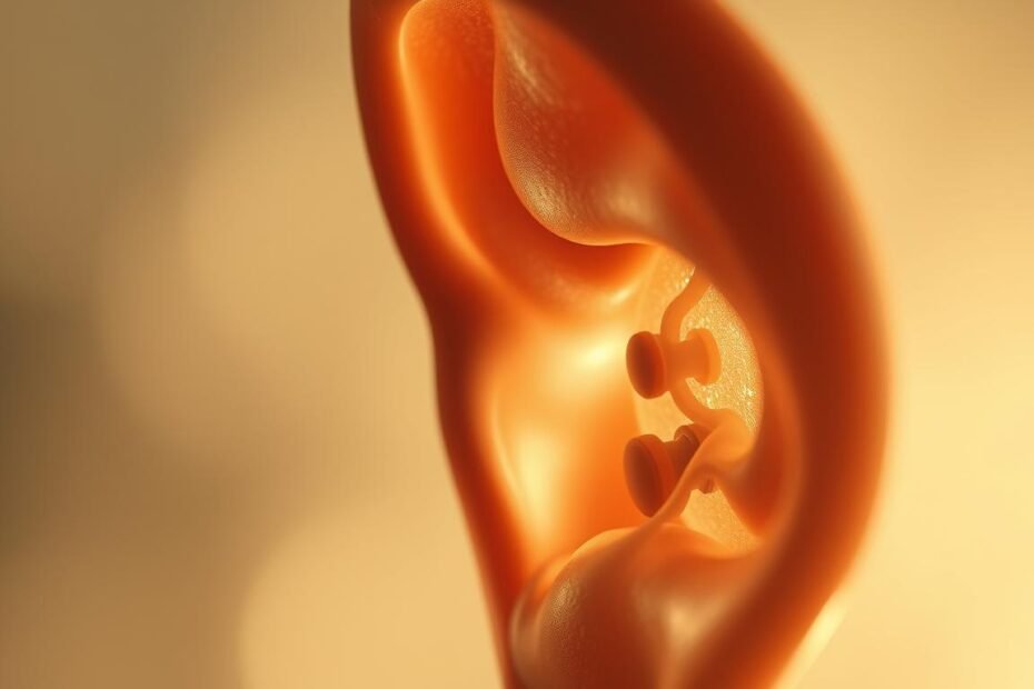 A serene, close-up scene of a human ear, its intricate anatomy and inner workings elegantly rendered. The outer shell is translucent, revealing delicate structures like the tympanic membrane, ossicles, and cochlea. The lighting is soft and diffused, creating a soothing, contemplative mood. The angle is slightly tilted, drawing the viewer's attention to the complexities within. The background is hazy and out of focus, allowing the ear to be the sole focal point. This image aims to convey a sense of wonder and appreciation for the mechanisms that enable our hearing, as a prelude to understanding the methods for addressing the challenges of tinnitus.