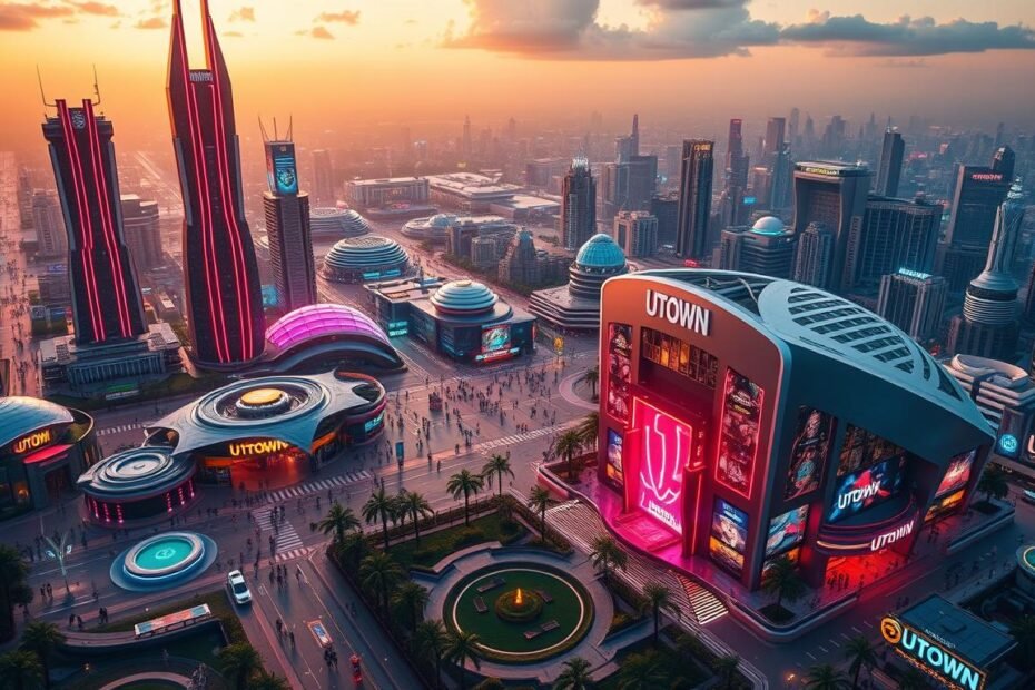 A vibrant and immersive UTown gaming city, bathed in warm lighting and a futuristic aesthetic. Towering neon-lit skyscrapers, futuristic hover-cars, and bustling crowds of players engage in a variety of virtual games and activities. In the foreground, a sleek and modern gaming center stands out, its facade adorned with the UTown logo, inviting visitors to explore the latest gaming experiences. The middle ground features lush parks, bustling streets, and a variety of entertainment options, while the background showcases a sprawling cityscape of advanced architecture and technological wonders. The overall scene conveys a sense of excitement, innovation, and the endless possibilities of the UTown gaming universe.
