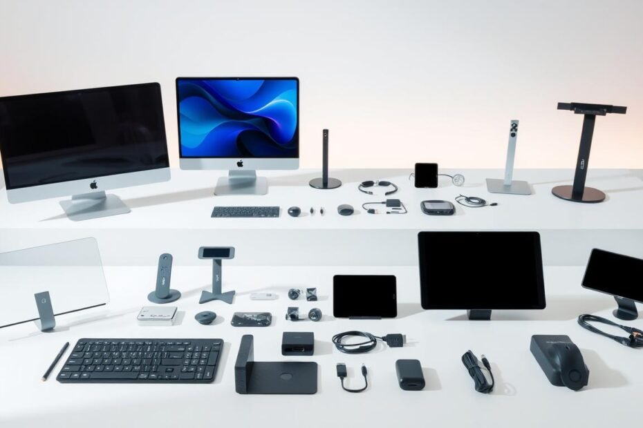 A well-organized display of Aloha brand accessories for computer and mobile device screens, featuring a sleek, modern aesthetic. In the foreground, an assortment of screen protectors, cleaning cloths, and adjustable stands are neatly arranged on a minimalist white surface, illuminated by soft, natural lighting. The middle ground showcases a range of adapters, cables, and input devices that seamlessly integrate with the display accessories. In the background, a simple, gradient backdrop subtly emphasizes the sophisticated, technology-focused atmosphere. The overall composition conveys a sense of practicality, quality, and attention to detail in the selection of display accessories.