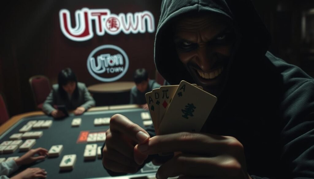 A dark-toned scene depicting a malicious scammer manipulating a game of mahjong to deceive unsuspecting victims. In the foreground, a shadowy figure with a sly grin holds a hand of mahjong tiles, concealing a pair of marked tiles. The middle ground shows a group of players seated at a table, unaware of the deception. The background features the UTown logo, hinting at the setting of this fraudulent scheme. Dramatic lighting casts long shadows, creating an ominous atmosphere of mistrust and deceit.