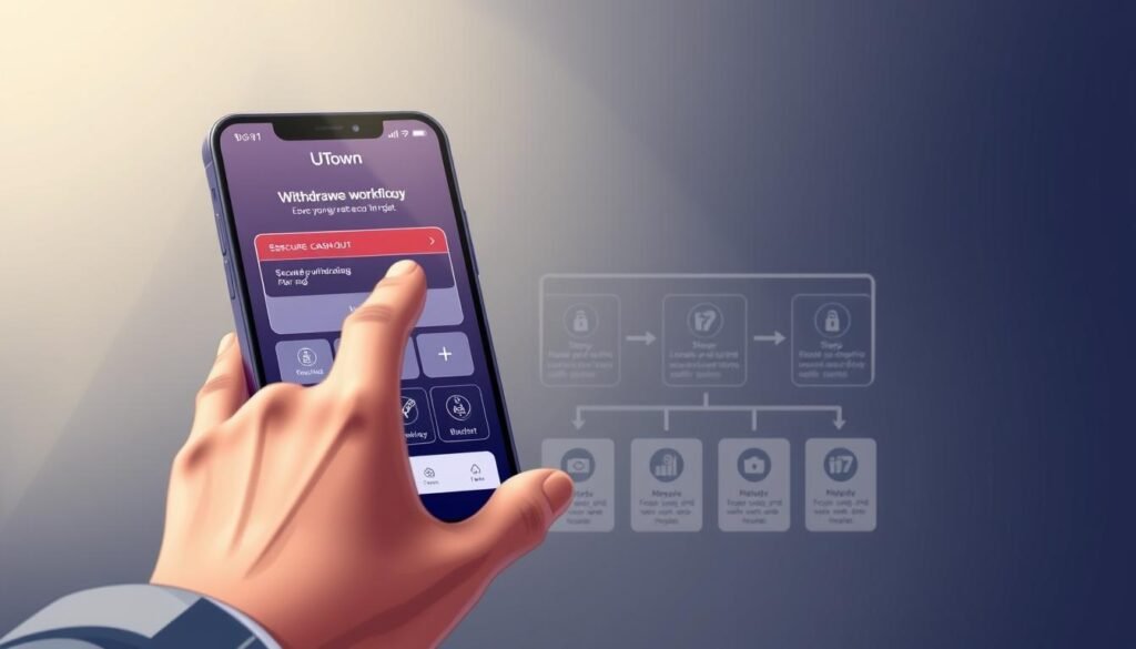 A detailed, technically precise illustration of the RSG mahjong cash-out process. In the foreground, a user's hand interacts with a sleek, UTown-branded mobile app interface, showcasing the withdrawal workflow. The middle ground depicts a series of step-by-step icons and indicators, guiding the viewer through the secure cash-out flow. In the background, an abstract geometric pattern evokes the clean, modern aesthetic of the UTown brand. Lighting is soft and even, with a subtle depth-of-field effect. The overall mood is one of efficiency, simplicity, and trust, reflecting the article's focus on a fast, safe withdrawal experience.