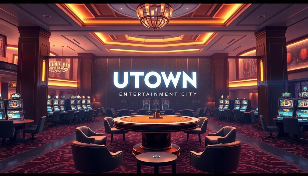 A high-quality, visually striking illustration of the "UTown Entertainment City" brand, showcasing an elegant, modern casino interior with a warm, inviting atmosphere. The scene features a central gaming table surrounded by luxurious furnishings and decor, with subtle lighting casting a soft, ambient glow. The composition emphasizes the premium, aspirational nature of the UTown brand, conveying a sense of exclusivity and sophistication. The image should inspire viewers to envision the potential rewards and thrilling experiences awaiting them at the UTown Entertainment City. A high-quality, visually striking illustration of the "UTown Entertainment City" brand, showcasing an elegant, modern casino interior with a warm, inviting atmosphere. The scene features a central gaming table surrounded by luxurious furnishings and decor, with subtle lighting casting a soft, ambient glow. The composition emphasizes the premium, aspirational nature of the UTown brand, conveying a sense of exclusivity and sophistication. The image should inspire viewers to envision the potential rewards and thrilling experiences awaiting them at the UTown Entertainment City.