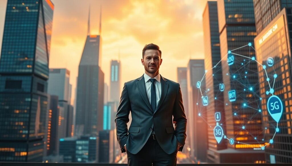 A modern and sleek corporate 5G plan concept showcasing Telecombrother's sophisticated services. The frame captures a dynamic business executive in a crisp suit, standing amidst a futuristic cityscape with towering skyscrapers, glowing holograms, and a vibrant 5G network visualization in the background. Warm lighting illuminates the scene, casting a professional and innovative atmosphere. The subject's confident pose and the cutting-edge technology surrounding them convey the efficiency and cost-effectiveness of Telecombrother's 5G solutions for enterprise customers.