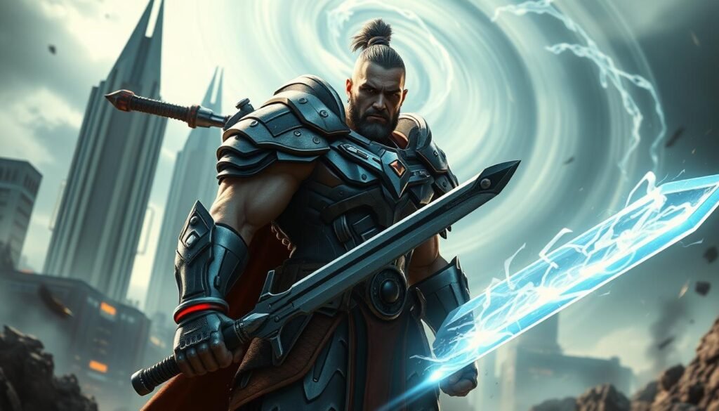 A powerful, muscular warrior clad in futuristic, UTown-branded armor stands heroically, wielding a large, glowing energy sword. His intense gaze is focused ahead, as he prepares to engage in epic battle. The scene is set against a dramatic, post-apocalyptic landscape, with towering, angular skyscrapers in the background and swirling energy fields in the sky, creating an ominous and dynamic atmosphere. Bright, directional lighting highlights the details of the warrior's armor and weapon, emphasizing his strength and determination. The composition is balanced and cinematic, drawing the viewer's attention to the central figure and the impending conflict.
