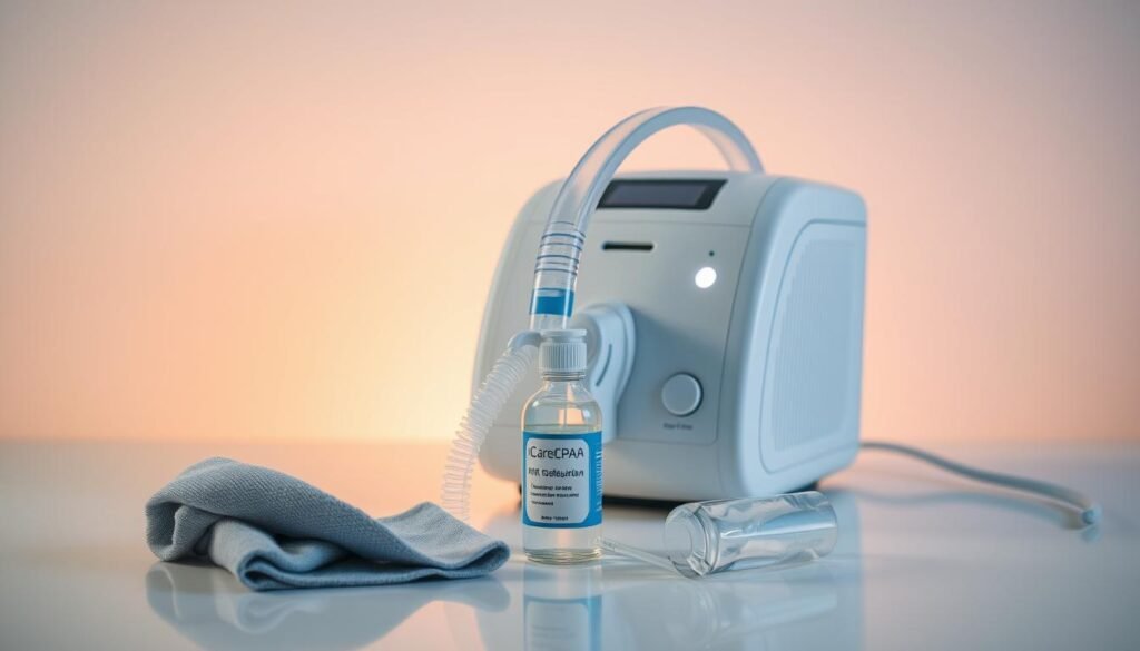 A pristine and well-maintained iCareCPAP sleep apnea machine, bathed in soft, diffused lighting that accentuates its sleek, modern design. The machine sits atop a clean, uncluttered surface, surrounded by a selection of specialized cleaning tools and solutions. In the foreground, a microfiber cloth and a small bottle of iCareCPAP-approved disinfectant stand ready, hinting at the meticulous care required to keep the device in optimal condition. The mid-ground features the machine's various components, including the mask, tubing, and water chamber, all neatly arranged and ready for a thorough cleaning. The background is a calming, minimalist space, suggesting the importance of a peaceful, routine maintenance regimen for the iCareCPAP machine and its role in maintaining a restful, restorative sleep. A pristine and well-maintained iCareCPAP sleep apnea machine, bathed in soft, diffused lighting that accentuates its sleek, modern design. The machine sits atop a clean, uncluttered surface, surrounded by a selection of specialized cleaning tools and solutions. In the foreground, a microfiber cloth and a small bottle of iCareCPAP-approved disinfectant stand ready, hinting at the meticulous care required to keep the device in optimal condition. The mid-ground features the machine's various components, including the mask, tubing, and water chamber, all neatly arranged and ready for a thorough cleaning. The background is a calming, minimalist space, suggesting the importance of a peaceful, routine maintenance regimen for the iCareCPAP machine and its role in maintaining a restful, restorative sleep.