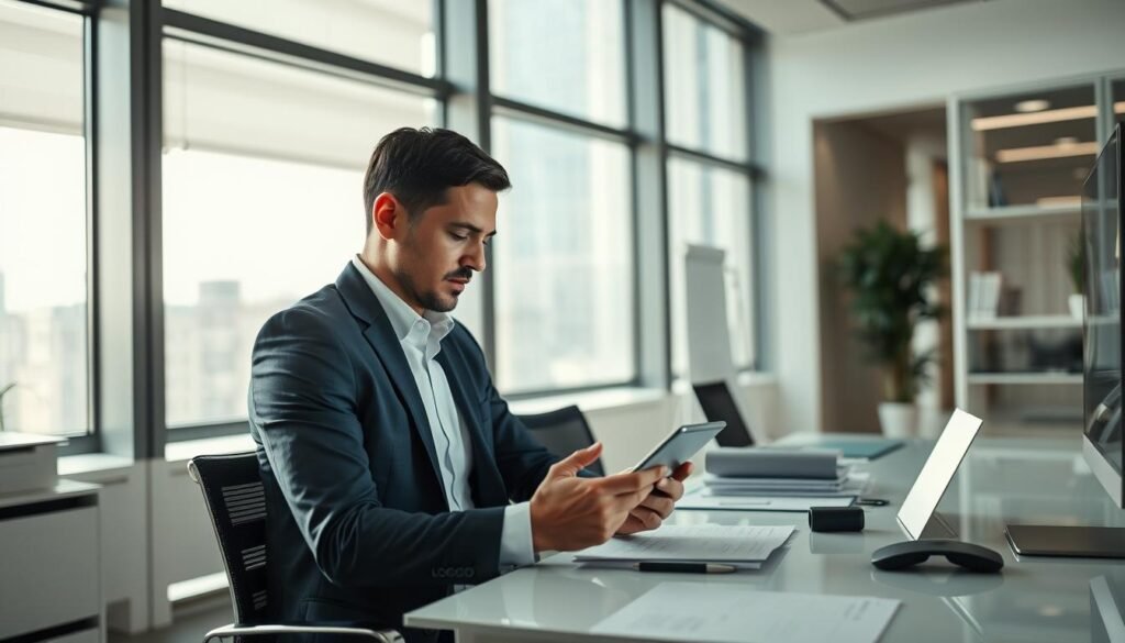 A professional business executive working at a Telecombrother 5G office, sitting at a desk and using a tablet. The office has a modern, minimalist design with large windows letting in natural light. The executive is dressed in a sharp suit, focused intently on the tablet, surrounded by tech accessories and documents related to 5G business applications. The scene conveys a sense of efficiency, productivity and the transformative potential of 5G technology for enterprise-level operations.