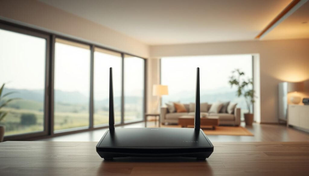 A serene home interior with a large window overlooking a peaceful landscape. In the foreground, a sleek, modern Telecombrother router stands prominently, symbolizing the high-speed internet connection that powers the household. The middle ground features a cozy living area with plush furniture, subtle lighting, and a minimalist design aesthetic. In the background, the room gradually fades into soft, diffused lighting, creating a calming atmosphere. The overall scene conveys a sense of domestic tranquility and technological integration, reflecting the "家居寬頻比較" theme.