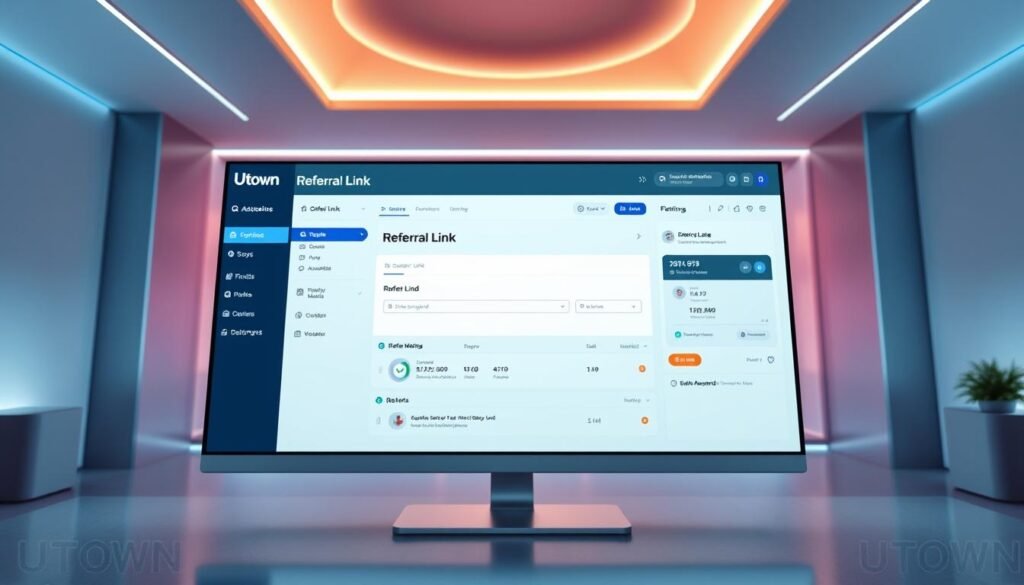 A sleek and modern digital interface showcasing the UTown Entertainment City's referral link setup. The foreground features a clean, minimalist layout with a prominent "Referral Link" section, inviting the user to customize their personalized link. The middle ground displays a visually appealing and intuitive dashboard, allowing easy management of referral metrics and rewards. The background subtly incorporates the UTown brand identity, with a soft, warm lighting that creates a welcoming and professional atmosphere. The overall composition conveys a sense of efficiency, control, and the opportunity to maximize referral earnings within the UTown ecosystem. A sleek and modern digital interface showcasing the UTown Entertainment City's referral link setup. The foreground features a clean, minimalist layout with a prominent "Referral Link" section, inviting the user to customize their personalized link. The middle ground displays a visually appealing and intuitive dashboard, allowing easy management of referral metrics and rewards. The background subtly incorporates the UTown brand identity, with a soft, warm lighting that creates a welcoming and professional atmosphere. The overall composition conveys a sense of efficiency, control, and the opportunity to maximize referral earnings within the UTown ecosystem.
