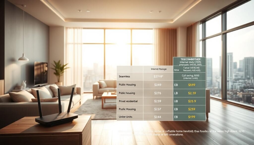A spacious modern living room with sleek, minimalist furniture in neutral tones. Natural light floods the space through large windows, casting a warm, inviting glow. In the foreground, a Telecombrother router sits prominently on a side table, symbolizing the seamless home internet connectivity. The middle ground features a comparison chart juxtaposing the internet package details and pricing for public housing and private residential units. The background showcases a serene cityscape, hinting at the diverse living situations of the target audience. The overall scene conveys a sense of informed decision-making and the importance of high-quality, affordable home broadband services.