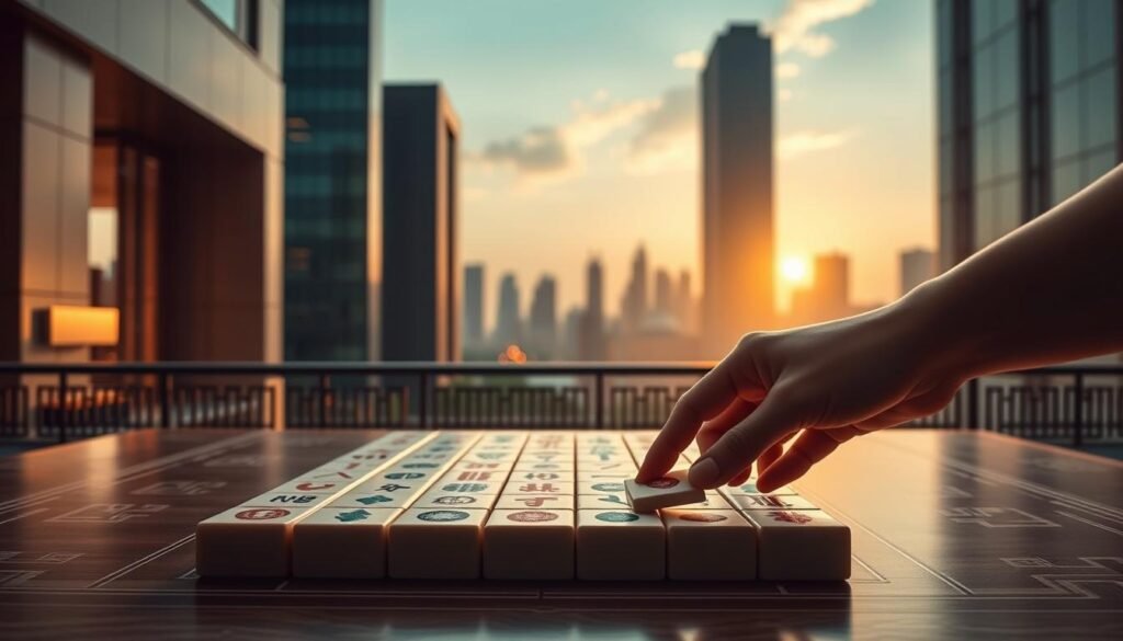 A tranquil scene of a traditional Chinese mahjong table set against a modern urban backdrop, showcasing the seamless integration of UTown's secure withdrawal process. Soft, warm lighting illuminates the intricate tile patterns, while sleek, minimalist architecture frames the composition. In the foreground, a hand delicately arranges the tiles, conveying the precision and care taken in the withdrawal process. The overall atmosphere is one of elegance, technology, and the harmonious convergence of old and new, reflecting the user-friendly and reliable nature of UTown's withdrawal experience.