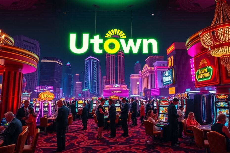 A vibrant and dynamic neon-lit scene featuring the "UTown" logo prominently displayed. The foreground showcases a luxurious casino interior with plush carpeting, ornate furniture, and sparkling chandeliers. In the middle ground, well-dressed patrons engage in a variety of gaming activities, their faces illuminated by the warm glow of the casino lights. The background depicts a bustling cityscape, with towering skyscrapers and neon signs that add to the energetic atmosphere. The entire scene is bathed in a warm, inviting color palette, creating a sense of opulence and excitement. The image conveys the thrill and sophistication of the UTown entertainment experience.
