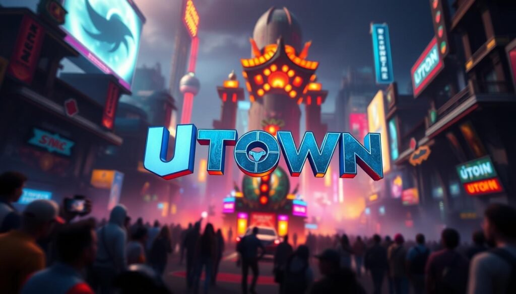A vibrant, immersive gaming experience unfolds before the player's eyes. In the foreground, a captivating 3D rendered scene showcases the UTown logo amidst a dynamic, high-resolution game world. Detailed textures, seamless animations, and lifelike character models captivate the senses. The middle ground features a cinematic camera angle, capturing the exhilaration of the action with cinematic lighting and depth of field. In the background, a rich, atmospheric soundscape envelops the player, with crystal-clear audio effects and a sweeping, emotive soundtrack that heightens the emotional impact of the gameplay. The overall aesthetic strikes a balance between technical mastery and artistic vision, immersing the player in a captivating, unforgettable UTown gaming experience.