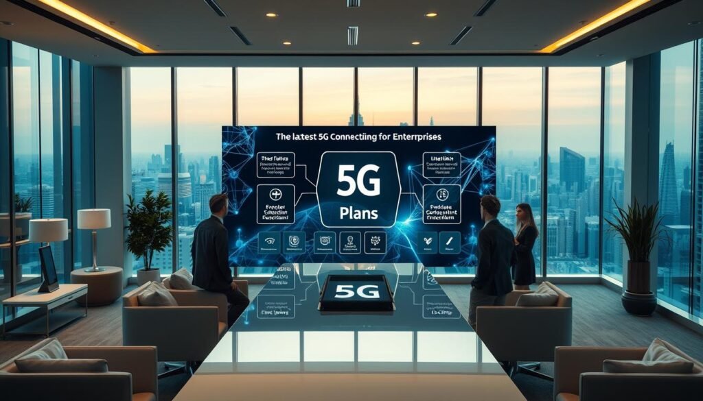 Elegant corporate office interior with floor-to-ceiling windows, modern furniture, and soft lighting. In the foreground, a group of business people gathered around a sleek conference table, discussing the latest 5G plans from Telecombrother. The middle ground features a large interactive display showcasing various 5G connectivity options tailored for enterprise needs. The background depicts a panoramic city skyline, hinting at the advanced capabilities of this 5G solution. The overall atmosphere conveys a sense of professional efficiency and cutting-edge technology.