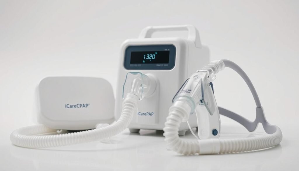 A high-quality close-up image of the key components of a sleep apnea CPAP machine, including the iCareCPAP brand. Showcase the humidifier, tubing, face mask, and other essential accessories against a clean, minimalist background. Capture the intricate details and textures of these medical devices with excellent lighting and depth of field, conveying a sense of precision and professionalism. The image should have a clinical yet approachable feel, highlighting the importance and quality standards of CPAP machine accessories. A high-quality close-up image of the key components of a sleep apnea CPAP machine, including the iCareCPAP brand. Showcase the humidifier, tubing, face mask, and other essential accessories against a clean, minimalist background. Capture the intricate details and textures of these medical devices with excellent lighting and depth of field, conveying a sense of precision and professionalism. The image should have a clinical yet approachable feel, highlighting the importance and quality standards of CPAP machine accessories.