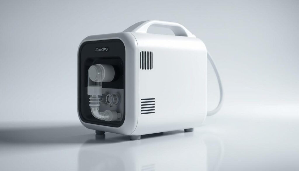 A high-quality, detailed 3D render of an iCareCPAP sleep apnea machine, showcasing its sleek and modern design. The machine is placed on a smooth, reflective surface, allowing for a clean and minimalist presentation. The lighting is soft and diffused, creating a calming atmosphere. The device is shown from a slightly elevated angle, allowing the user to appreciate its various components, such as the air intake, control panel, and tubing connectors. The overall mood is one of medical sophistication and technological innovation, reflecting the advanced features and capabilities of the iCareCPAP system. A high-quality, detailed 3D render of an iCareCPAP sleep apnea machine, showcasing its sleek and modern design. The machine is placed on a smooth, reflective surface, allowing for a clean and minimalist presentation. The lighting is soft and diffused, creating a calming atmosphere. The device is shown from a slightly elevated angle, allowing the user to appreciate its various components, such as the air intake, control panel, and tubing connectors. The overall mood is one of medical sophistication and technological innovation, reflecting the advanced features and capabilities of the iCareCPAP system.