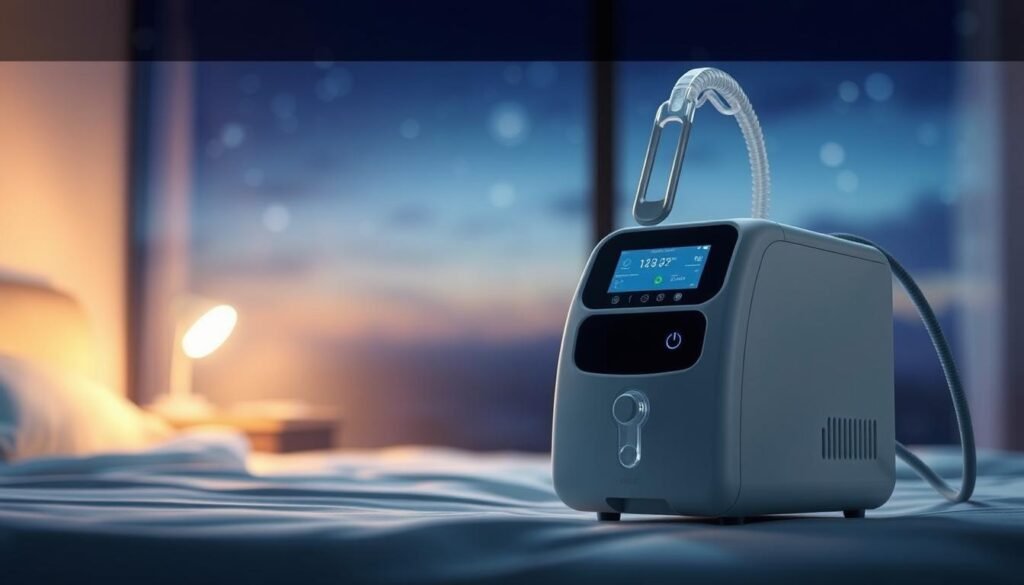 A high-quality, photorealistic image of the iCareCPAP sleep apnea machine. The device is showcased in the foreground, its sleek, minimalist design highlighted by soft, directional lighting. The middle ground features a restful bedroom setting, with a nightstand and bedsheets subtly visible. The background is a serene, blurred scene of a peaceful night sky, conveying the calming atmosphere of a good night's sleep. The machine's key features, such as its intuitive control panel and air hose, are clearly visible, emphasizing its importance and functionality in treating sleep apnea.