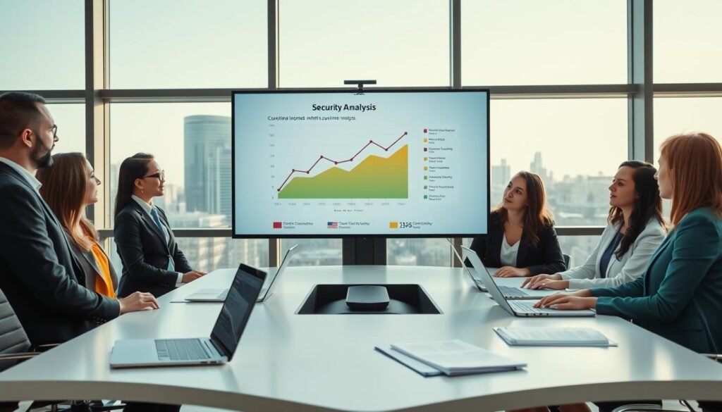 A modern corporate setting showcasing a professional security analysis presentation. In the foreground, a diverse group of three professionals—one male and two female—dressed in sharp business attire, are engaged in a discussion around a large digital screen displaying a detailed graph and data points about security functions. The middle section features a sleek, minimalist conference table with laptops and security documents laid out, indicating an analytical environment. In the background, large windows provide natural light, revealing a cityscape that symbolizes a bustling business district. The atmosphere is focused and collaborative, emphasizing the importance of balancing customer service and security roles, with clear, bright lighting that enhances the professional mood.