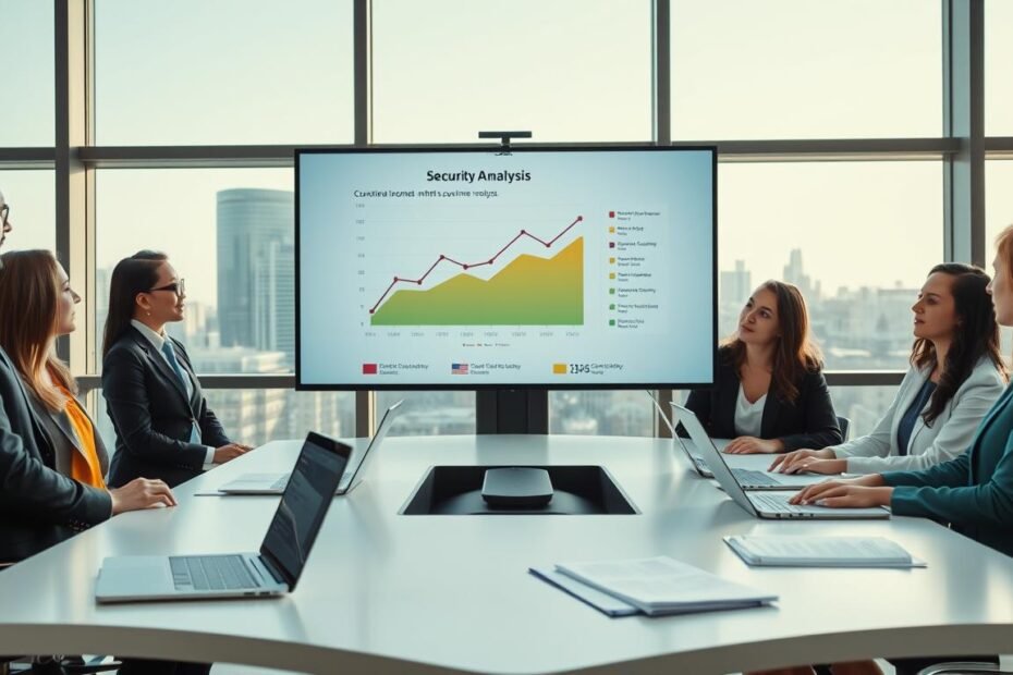 A modern corporate setting showcasing a professional security analysis presentation. In the foreground, a diverse group of three professionals—one male and two female—dressed in sharp business attire, are engaged in a discussion around a large digital screen displaying a detailed graph and data points about security functions. The middle section features a sleek, minimalist conference table with laptops and security documents laid out, indicating an analytical environment. In the background, large windows provide natural light, revealing a cityscape that symbolizes a bustling business district. The atmosphere is focused and collaborative, emphasizing the importance of balancing customer service and security roles, with clear, bright lighting that enhances the professional mood.