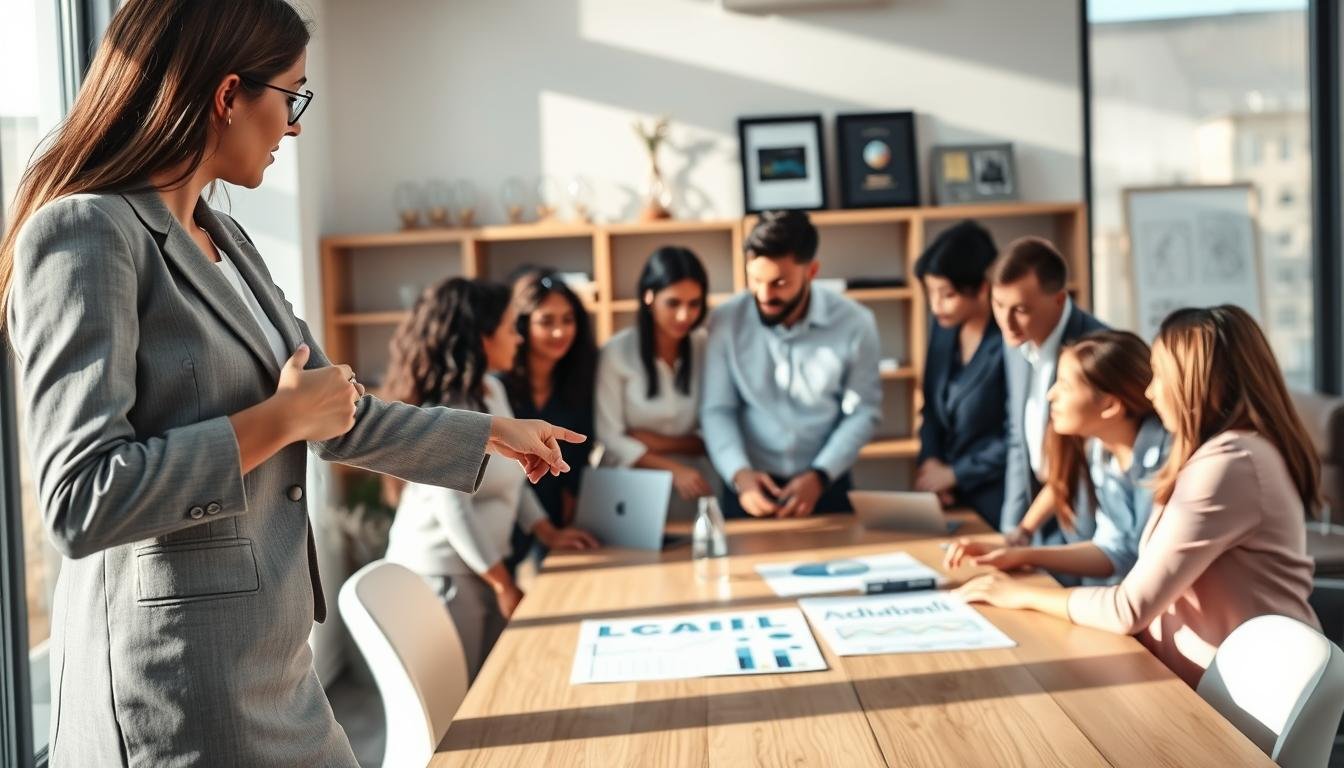 A modern, professional office environment showcasing a diverse group of business people strategically discussing advertising strategies. In the foreground, a well-dressed woman points to a digital screen displaying various advertising metrics and brand images, emphasizing brand consistency. In the middle, a diverse team huddles around a conference table, analyzing charts and graphs. Natural daylight floods through large windows, casting soft shadows and creating a welcoming atmosphere. The background features shelves with awards and branding materials, symbolizing success and cohesion. The overall mood is collaborative and focused, reflecting the importance of trust and brand alignment in advertising strategies. The shot is taken from a slightly elevated angle to capture the team’s engagement and interaction.