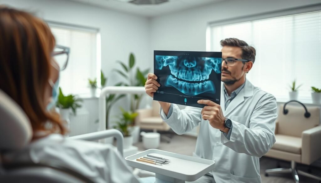 A modern dental clinic focused on wisdom tooth extraction, featuring a clean and inviting atmosphere. In the foreground, a professional dentist in a white coat and safety glasses examines an X-ray of a patient's teeth, highlighting the importance of dental assessments. A state-of-the-art dental chair with soft lighting appears in the middle ground, showcasing dental tools neatly arranged on a nearby tray. The background features a bright, well-organized waiting room with comfortable seating and green plants, creating a calming environment. The overall mood is professional yet approachable, emphasizing care and expertise in dental services. The lighting is bright and natural, simulating daylight to enhance the welcoming feeling. A modern dental clinic focused on wisdom tooth extraction, featuring a clean and inviting atmosphere. In the foreground, a professional dentist in a white coat and safety glasses examines an X-ray of a patient's teeth, highlighting the importance of dental assessments. A state-of-the-art dental chair with soft lighting appears in the middle ground, showcasing dental tools neatly arranged on a nearby tray. The background features a bright, well-organized waiting room with comfortable seating and green plants, creating a calming environment. The overall mood is professional yet approachable, emphasizing care and expertise in dental services. The lighting is bright and natural, simulating daylight to enhance the welcoming feeling.