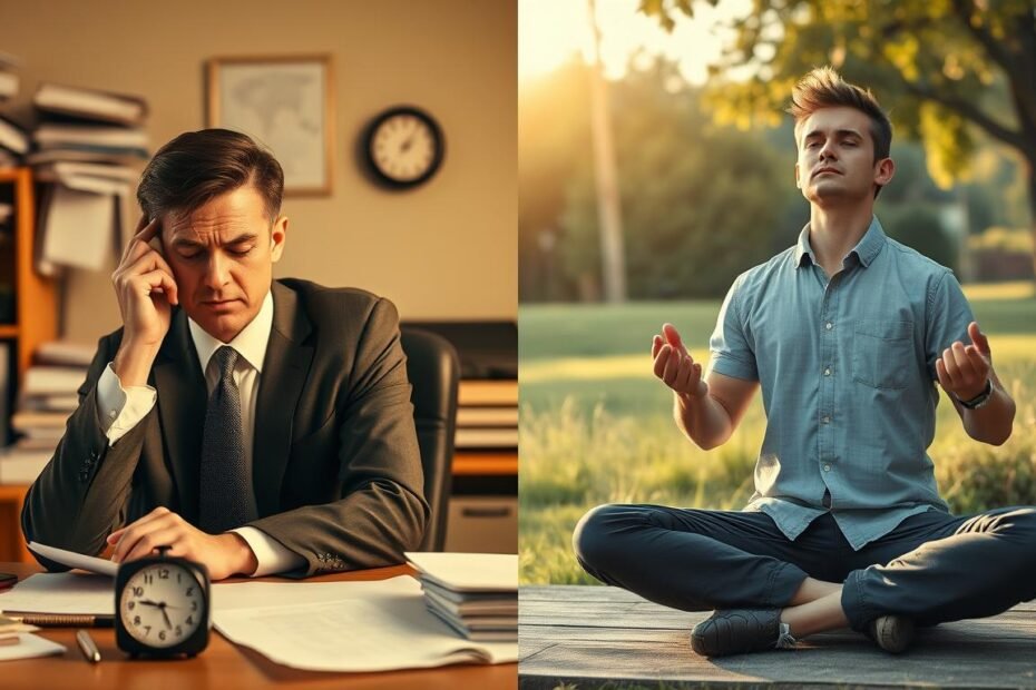 A split-screen composition illustrating the contrast between anxiety disorder and stress response. On the left, depict a figure in a professional business suit, sitting at a desk with a cluttered workspace, surrounded by paperwork and a ticking clock, embodying anxiety with tense body language and furrowed brows. On the right, show a relaxed individual in casual clothing, practicing deep breathing in a serene outdoor setting, illustrating stress response with peaceful posture and a calm expression. Use warm, soft lighting to create a contrasting mood; the left side should feel intense and chaotic, while the right side should evoke tranquility. Capture the dichotomy between the physical manifestations of anxiety and stress responses, using a wide-angle lens for depth and clarity.