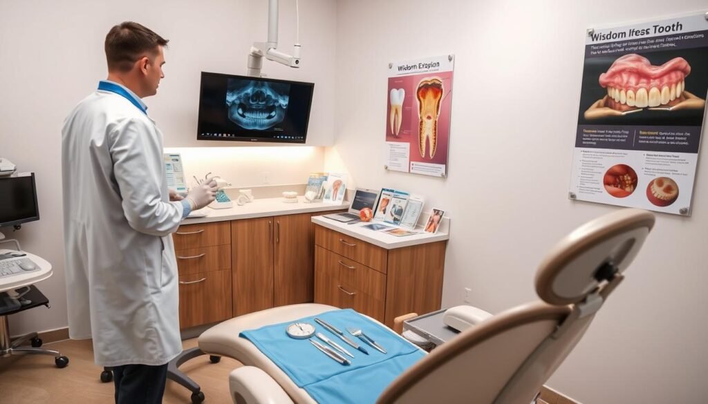 A well-lit dental examination room, showcasing pre-surgery preparations for wisdom tooth extraction. In the foreground, a dental chair is positioned with a blue surgical drape and various surgical tools neatly arranged on a tray. A dentist, dressed in a white coat and gloves, reviews a patient's X-ray on a computer screen, highlighting the importance of thorough assessment. In the middle, dental instruments are organized on a nearby counter, alongside models of teeth and brochures about wisdom tooth procedures. The background features medical posters on wall-mounted boards, providing visuals of tooth anatomy and extraction techniques. The atmosphere is professional and calm, with soft white lighting enhancing the sterile environment, inviting trust and confidence in the dental process. A well-lit dental examination room, showcasing pre-surgery preparations for wisdom tooth extraction. In the foreground, a dental chair is positioned with a blue surgical drape and various surgical tools neatly arranged on a tray. A dentist, dressed in a white coat and gloves, reviews a patient's X-ray on a computer screen, highlighting the importance of thorough assessment. In the middle, dental instruments are organized on a nearby counter, alongside models of teeth and brochures about wisdom tooth procedures. The background features medical posters on wall-mounted boards, providing visuals of tooth anatomy and extraction techniques. The atmosphere is professional and calm, with soft white lighting enhancing the sterile environment, inviting trust and confidence in the dental process.