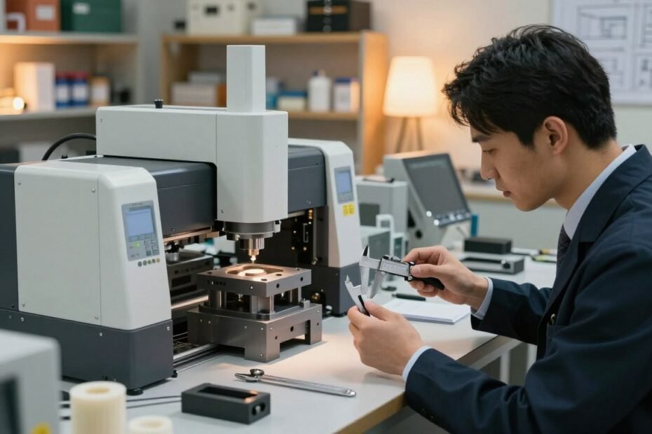 A modern workshop filled with advanced manufacturing tools and sleek machinery focused on the creation of high-quality products. In the foreground, a skilled technician, dressed in professional business attire, examines a prototype with precision, using a set of calipers and other measurement tools. The middle ground showcases intricate molds and materials, highlighting the innovative technology involved in production. The background features shelves with various manufacturing supplies and blueprints, softly illuminated by warm, ambient lighting that creates a cozy atmosphere. The entire scene conveys a sense of craftsmanship and technological exploration, emphasizing the meticulous nature of product development. The image is captured from a slightly elevated angle to showcase the whole scene in a cinematic 4:3 aspect ratio.