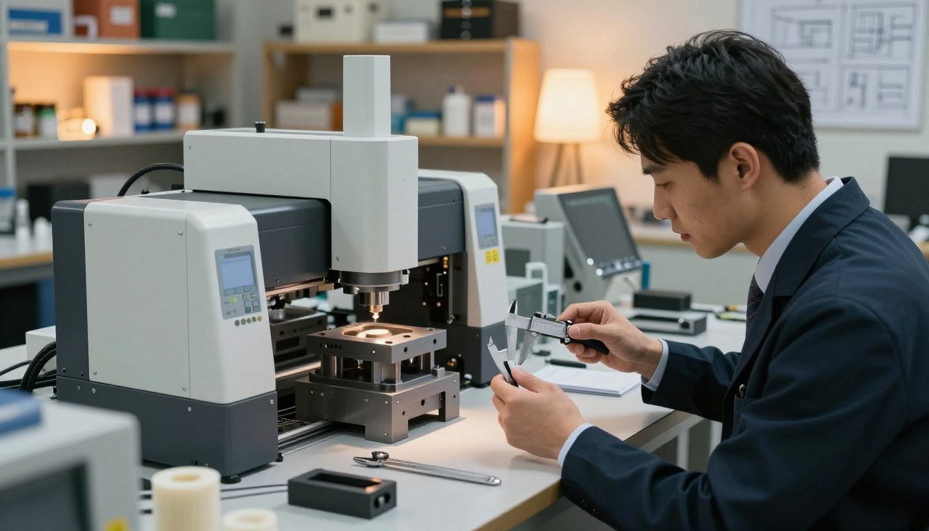 A modern workshop filled with advanced manufacturing tools and sleek machinery focused on the creation of high-quality products. In the foreground, a skilled technician, dressed in professional business attire, examines a prototype with precision, using a set of calipers and other measurement tools. The middle ground showcases intricate molds and materials, highlighting the innovative technology involved in production. The background features shelves with various manufacturing supplies and blueprints, softly illuminated by warm, ambient lighting that creates a cozy atmosphere. The entire scene conveys a sense of craftsmanship and technological exploration, emphasizing the meticulous nature of product development. The image is captured from a slightly elevated angle to showcase the whole scene in a cinematic 4:3 aspect ratio.