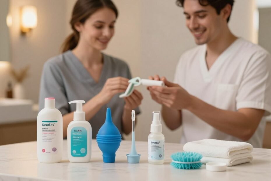 A serene and informative scene depicting the correct usage and cleaning methods of backdoor products. In the foreground, neatly arranged items such as silicone-based lubricants and cleaning tools are meticulously displayed on a soft, elegantly textured surface. The middle ground shows a pair of professionally dressed individuals, smiling and demonstrating usage techniques in a respectful and educational manner. The background features a softly lit, modern bathroom setting with warm ambient lighting, creating a cozy yet informative atmosphere. The camera angle is focused slightly above eye-level, capturing both the products and the individuals in a clear, engaging composition. The mood is inviting and professional, emphasizing safety and care in usage.