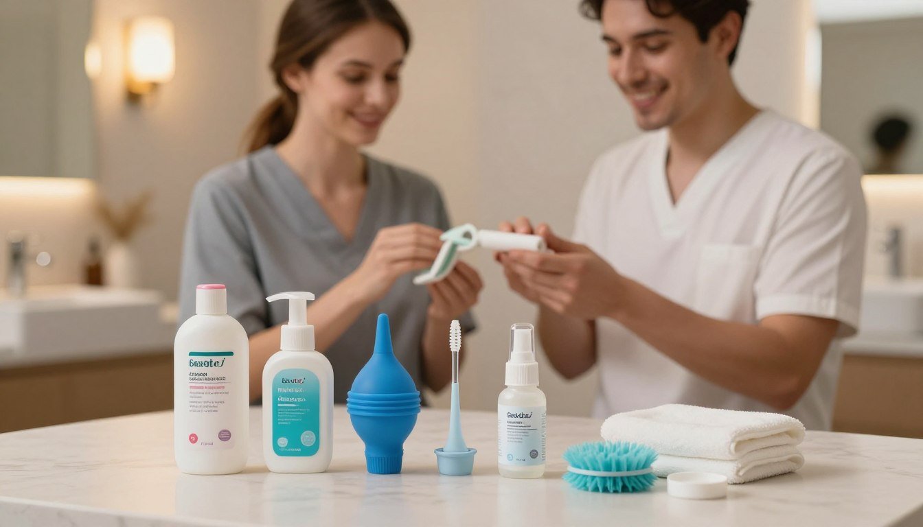 A serene and informative scene depicting the correct usage and cleaning methods of backdoor products. In the foreground, neatly arranged items such as silicone-based lubricants and cleaning tools are meticulously displayed on a soft, elegantly textured surface. The middle ground shows a pair of professionally dressed individuals, smiling and demonstrating usage techniques in a respectful and educational manner. The background features a softly lit, modern bathroom setting with warm ambient lighting, creating a cozy yet informative atmosphere. The camera angle is focused slightly above eye-level, capturing both the products and the individuals in a clear, engaging composition. The mood is inviting and professional, emphasizing safety and care in usage.