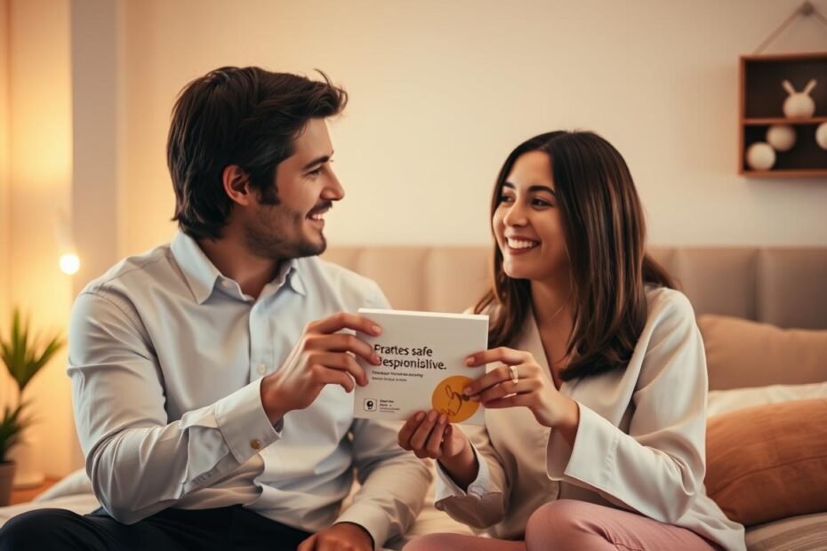 A warm and inviting scene depicting a couple in their late twenties in a cozy bedroom setting, demonstrating the safe application of an ultra-thin condom. In the foreground, the couple, dressed in modest casual clothing, displays focused attention and care while holding a condom package and engaging in a lighthearted conversation. Soft, warm lighting bathes the room, enhancing the intimate atmosphere. Behind them, subtle decorative elements like plants and soft textiles create an inviting and comfortable backdrop. The scene captures a blend of romance and responsibility, with a cinematic feel that emphasizes warmth and connection, framed in a 4:3 aspect ratio to highlight the couple's interaction.