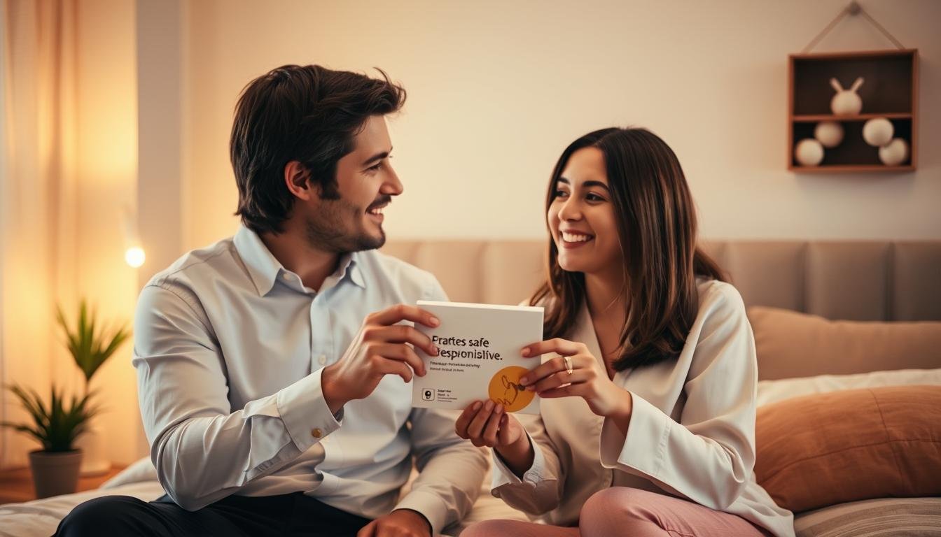 A warm and inviting scene depicting a couple in their late twenties in a cozy bedroom setting, demonstrating the safe application of an ultra-thin condom. In the foreground, the couple, dressed in modest casual clothing, displays focused attention and care while holding a condom package and engaging in a lighthearted conversation. Soft, warm lighting bathes the room, enhancing the intimate atmosphere. Behind them, subtle decorative elements like plants and soft textiles create an inviting and comfortable backdrop. The scene captures a blend of romance and responsibility, with a cinematic feel that emphasizes warmth and connection, framed in a 4:3 aspect ratio to highlight the couple's interaction.