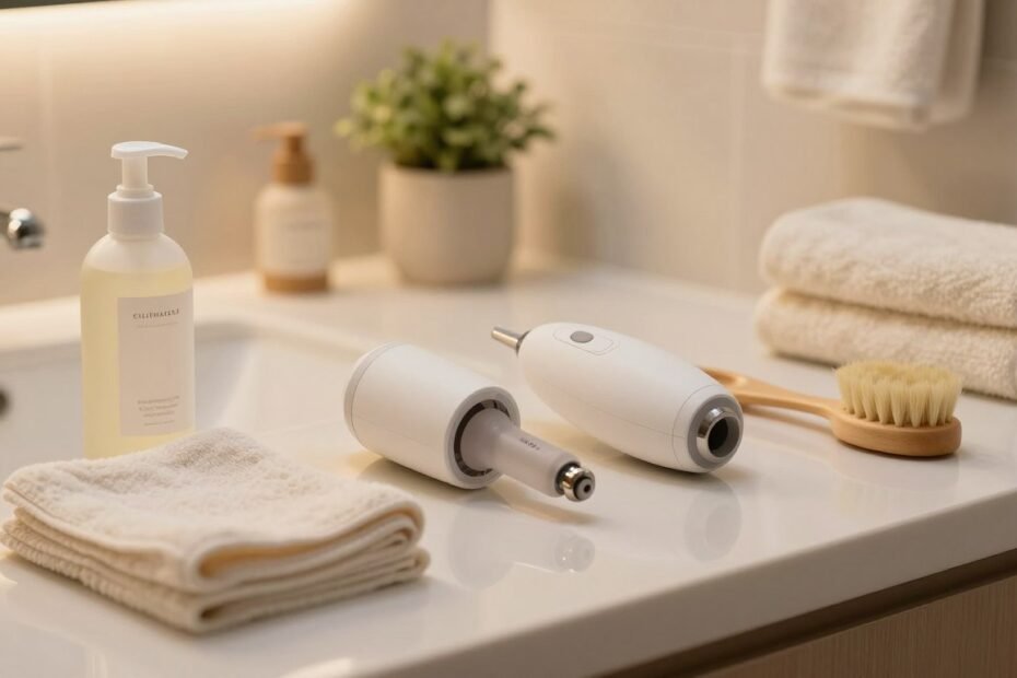 A well-organized and clean bathroom countertop featuring a variety of tools and products for maintaining a clitoral suction device. In the foreground, there are soft cloths and a bottle of gentle cleaner, alongside a brush designed for intricate cleaning. The middle ground includes a sleek, modern suction device, elegantly displayed and partially disassembled to showcase its components. The background shows a warm, inviting bathroom with subtle decorative elements, like potted plants and soft towels in neutral colors. The lighting is warm and soft, creating a cozy and intimate atmosphere, capturing the essence of care and cleanliness. The scene is framed in a 4:3 aspect ratio, emphasizing the organized space and maintaining a professional and soothing vibe.