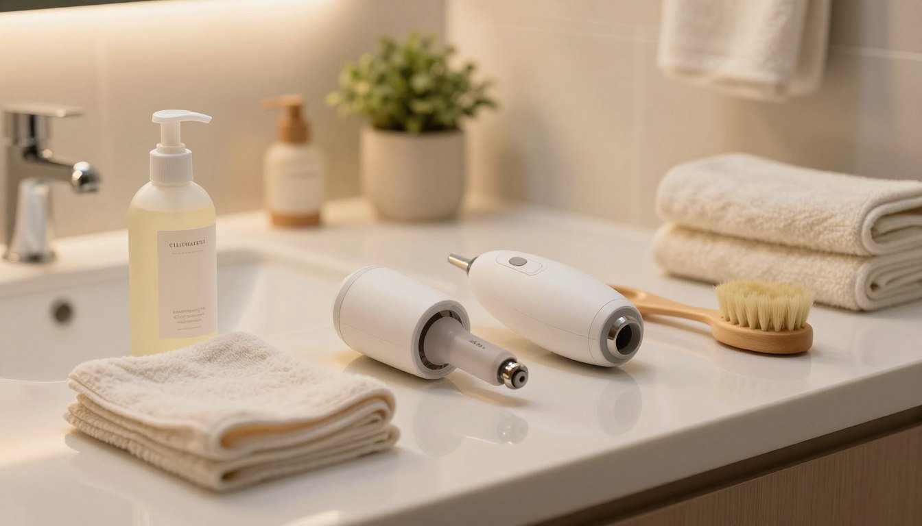 A well-organized and clean bathroom countertop featuring a variety of tools and products for maintaining a clitoral suction device. In the foreground, there are soft cloths and a bottle of gentle cleaner, alongside a brush designed for intricate cleaning. The middle ground includes a sleek, modern suction device, elegantly displayed and partially disassembled to showcase its components. The background shows a warm, inviting bathroom with subtle decorative elements, like potted plants and soft towels in neutral colors. The lighting is warm and soft, creating a cozy and intimate atmosphere, capturing the essence of care and cleanliness. The scene is framed in a 4:3 aspect ratio, emphasizing the organized space and maintaining a professional and soothing vibe.
