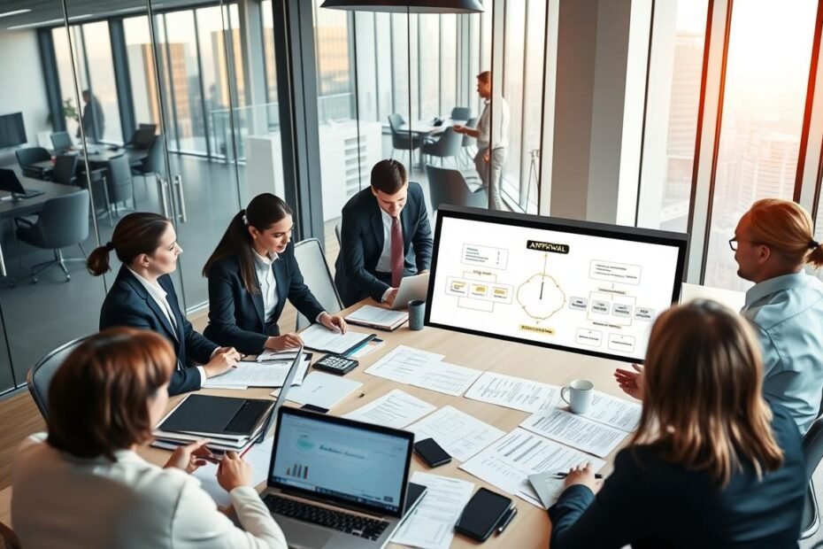 A professional business environment depicting the review process of renting a corporate address and business registration address. In the foreground, a diverse group of business professionals in smart attire are engaged in discussion, analyzing documents and charts on a large table filled with folders, laptops, and a digital projector displaying flowcharts of the approval process. The middle ground shows a modern office with large windows letting in warm, natural light, creating a positive and focused atmosphere. In the background, a glass-paneled office showcasing a skyline view emphasizes professionalism. The image is captured with a slight overhead angle to show interaction, with soft focus on the background to keep the emphasis on the professionals.