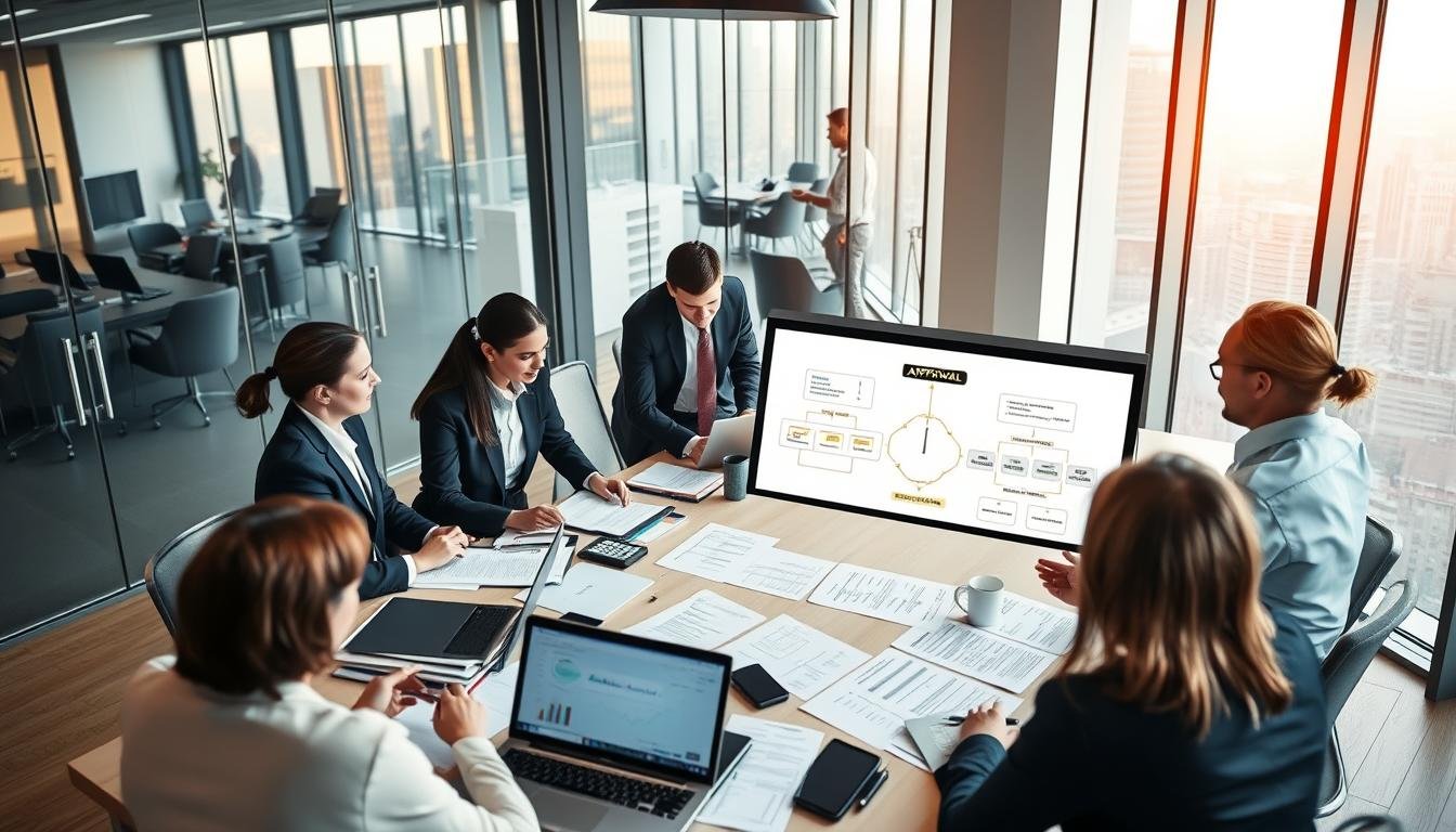 A professional business environment depicting the review process of renting a corporate address and business registration address. In the foreground, a diverse group of business professionals in smart attire are engaged in discussion, analyzing documents and charts on a large table filled with folders, laptops, and a digital projector displaying flowcharts of the approval process. The middle ground shows a modern office with large windows letting in warm, natural light, creating a positive and focused atmosphere. In the background, a glass-paneled office showcasing a skyline view emphasizes professionalism. The image is captured with a slight overhead angle to show interaction, with soft focus on the background to keep the emphasis on the professionals.