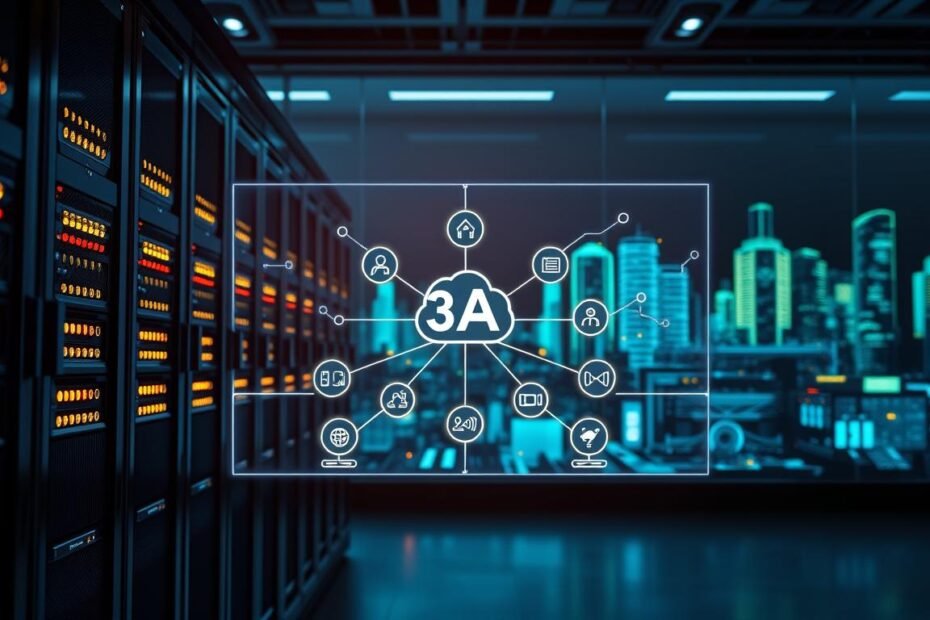 A detailed and dynamic visualization of the "3A Entertainment" real-time transmission technology architecture. In the foreground, display sleek server racks with blinking LED lights, symbolizing high-speed data transfer. The middle layer features a stylized network diagram showing interconnected nodes and lines that represent data flow, with icons for video streaming and live interaction. In the background, a digital skyline includes abstract representations of cloud computing and cybersecurity features, illuminated with a tech-inspired blue and green color palette. Use dramatic lighting to create a sense of innovation and advanced technology. Capture an atmosphere of professionalism and cutting-edge advancement in gaming technology. The image should be polished and contemporary without any text or overlays.