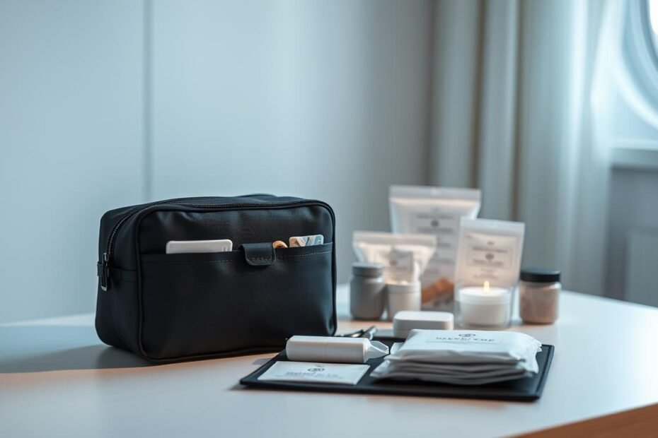 A tidy, minimalist setup featuring a neatly organized storage bag specifically designed for personal privacy items. In the foreground, display the storage bag, partially open to reveal its protective and discreet interior with compartments for various items. The middle of the image includes a well-arranged area showing a selection of discreet personal care objects, such as wipes and storage instructions, emphasizing cleanliness and privacy. The background is softly blurred to suggest a calm and private environment, illuminated by soft, natural lighting from a nearby window. The overall atmosphere is professional and respectful, ensuring a focus on hygiene and proper storage practices. Aim for an elegant, serene mood to reflect the importance of personal care and discretion.