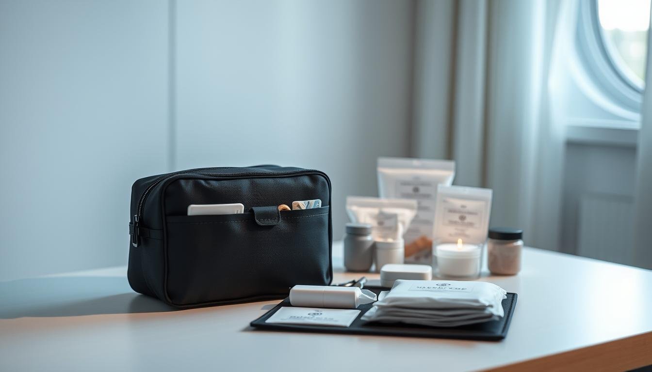 A tidy, minimalist setup featuring a neatly organized storage bag specifically designed for personal privacy items. In the foreground, display the storage bag, partially open to reveal its protective and discreet interior with compartments for various items. The middle of the image includes a well-arranged area showing a selection of discreet personal care objects, such as wipes and storage instructions, emphasizing cleanliness and privacy. The background is softly blurred to suggest a calm and private environment, illuminated by soft, natural lighting from a nearby window. The overall atmosphere is professional and respectful, ensuring a focus on hygiene and proper storage practices. Aim for an elegant, serene mood to reflect the importance of personal care and discretion.