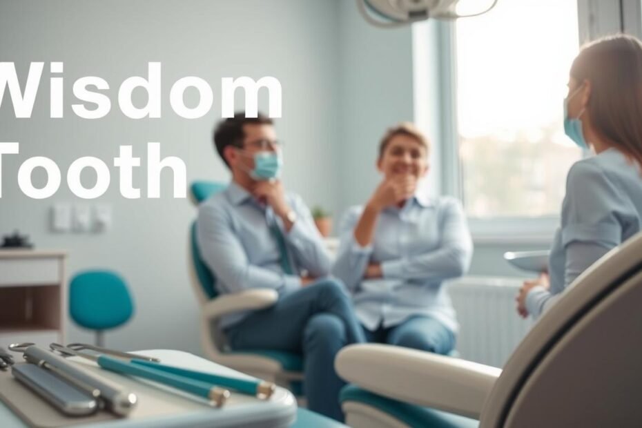 A close-up view of a dental examination room, showcasing a dental chair and tools in the foreground, symbolizing the treatment of wisdom tooth pain. In the middle ground, a dentist wearing professional attire is consulting with a patient, who looks concerned and is holding their jaw, indicating discomfort from wisdom tooth pain. The background features a window with soft, natural light streaming in, enhancing the atmosphere of a clinical yet comforting environment. The colors should be calming, with shades of blue and white predominating, evoking feelings of trust and professionalism. The overall mood should convey a sense of urgency to address dental issues while being informative and reassuring.