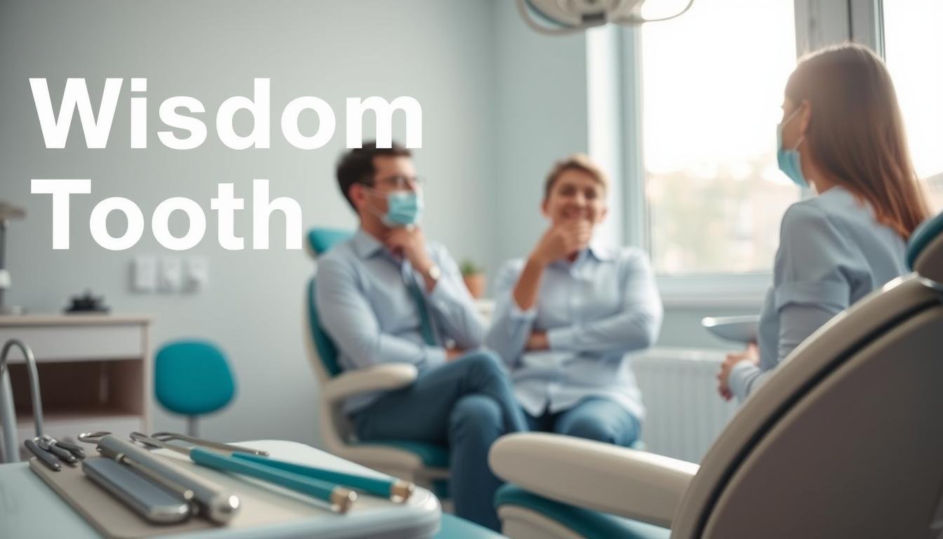 A close-up view of a dental examination room, showcasing a dental chair and tools in the foreground, symbolizing the treatment of wisdom tooth pain. In the middle ground, a dentist wearing professional attire is consulting with a patient, who looks concerned and is holding their jaw, indicating discomfort from wisdom tooth pain. The background features a window with soft, natural light streaming in, enhancing the atmosphere of a clinical yet comforting environment. The colors should be calming, with shades of blue and white predominating, evoking feelings of trust and professionalism. The overall mood should convey a sense of urgency to address dental issues while being informative and reassuring.