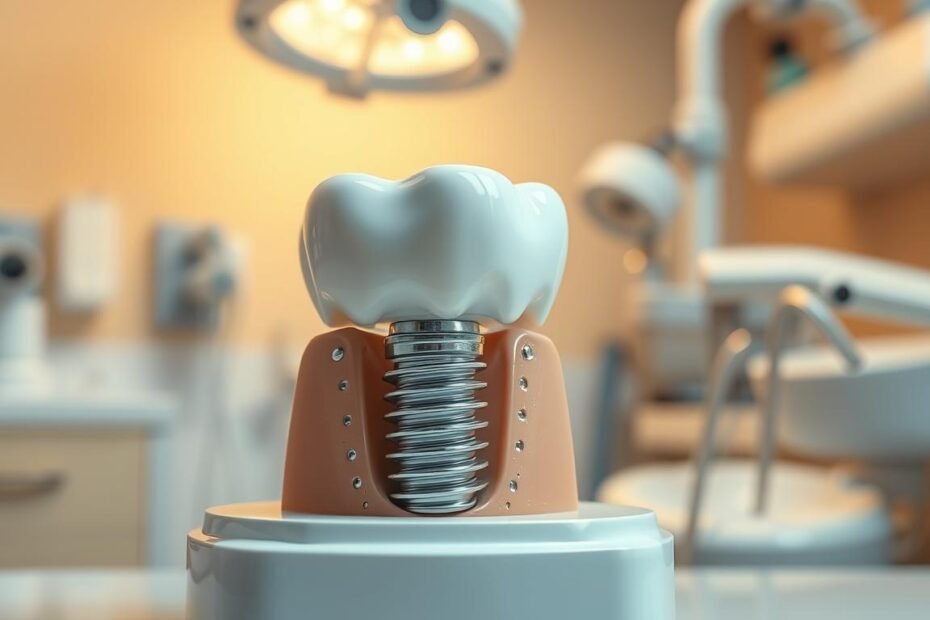 A close-up view of a dental implant crown slightly wobbling on a model tooth, set against a soft-focus dental clinic background. The foreground features the dental crown, showcasing realistic textures and materials, with a subtle shine reflecting overhead light. The middle layer includes a dental implant base, emphasizing the connection to the crown, while the background displays tools and equipment used in a dental office, slightly blurred to highlight the main subject. The lighting is warm and inviting, creating a sense of comfort and professionalism. The mood should evoke curiosity and concern about dental health, inviting viewers to contemplate the implications of a loose implant crown. Overall, a clean, clinical image without any distractions or text overlays.