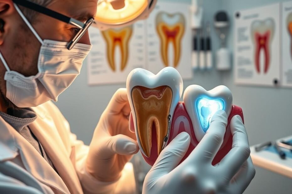 A detailed dental scene illustrating the process of tooth root therapy, focusing on the area around a molar. In the foreground, display a professional dentist wearing a white coat and gloves, using tools to preparedly examine the adjacent tooth which has deep cavities caused by impaction. The middle layer should depict a healthy molar on one side and a focused light shining on the affected area. In the background, include dental tools and an anatomical poster showing tooth structure to provide context. The lighting should be bright and clinical, with an emphasis on cleanliness and precision. The atmosphere conveys professionalism and care, evoking trust and expertise in dental treatment.