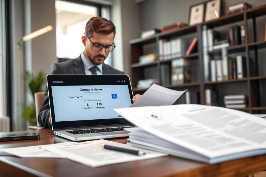 A professional office setting focusing on the company name registration process, with a modern desk featuring legal documents and a laptop displaying a search interface for company name verification. In the foreground, a business professional in business attire is examining paperwork intently, showcasing a sense of diligence and focus. The mid-ground reveals a large window with natural light streaming in, illuminating the space and reflecting the importance of transparency in business operations. The background includes shelves filled with business books and certificates, reinforcing a mindset of knowledge and legality. The mood is serious yet optimistic, emphasizing the crucial role of thorough name checks in preventing legal disputes.