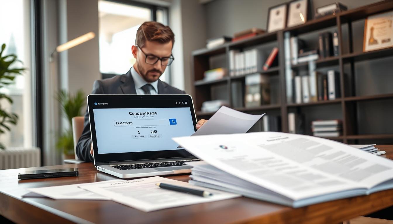 A professional office setting focusing on the company name registration process, with a modern desk featuring legal documents and a laptop displaying a search interface for company name verification. In the foreground, a business professional in business attire is examining paperwork intently, showcasing a sense of diligence and focus. The mid-ground reveals a large window with natural light streaming in, illuminating the space and reflecting the importance of transparency in business operations. The background includes shelves filled with business books and certificates, reinforcing a mindset of knowledge and legality. The mood is serious yet optimistic, emphasizing the crucial role of thorough name checks in preventing legal disputes.