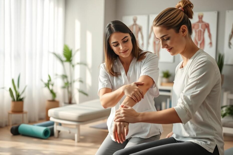A serene therapy room with soft natural lighting filtering through sheer curtains. In the foreground, a skilled practitioner is delicately administering manual therapy on a patient’s arm, both wearing modest, professional attire. The practitioner is focused, showcasing expertise and care, while the patient exhibits a relaxed expression, conveying trust and comfort. In the middle ground, various rehabilitation equipment such as resistance bands, foam rollers, and a therapy table can be seen, emphasizing the recovery aspect. In the background, calming plants and anatomical posters of the muscular system create an inviting atmosphere. The mood is peaceful and professional, focusing on healing and the significance of manual therapy in rehabilitation. The image is well-composed, capturing the essence of effective recovery practices.