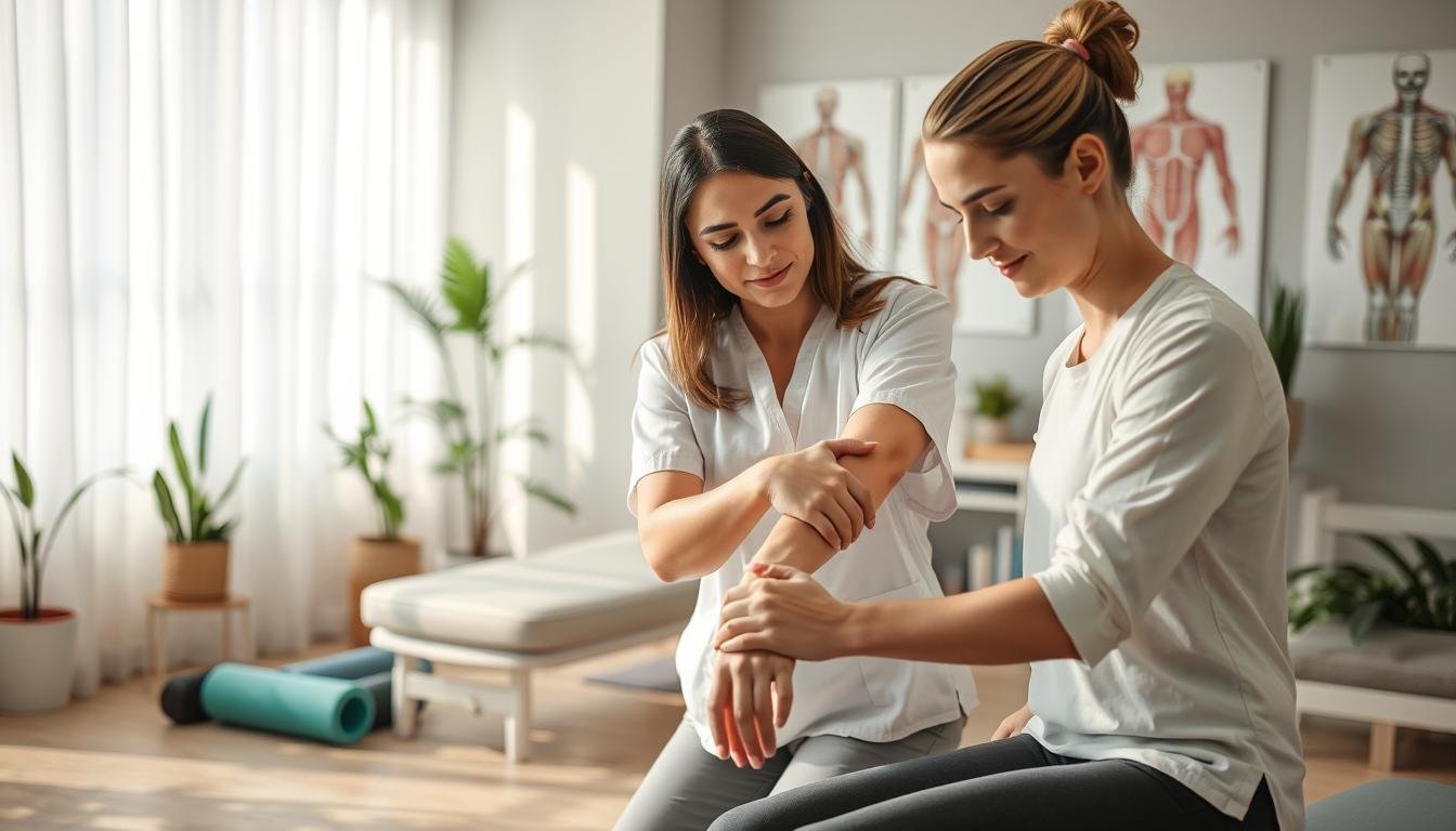 A serene therapy room with soft natural lighting filtering through sheer curtains. In the foreground, a skilled practitioner is delicately administering manual therapy on a patient’s arm, both wearing modest, professional attire. The practitioner is focused, showcasing expertise and care, while the patient exhibits a relaxed expression, conveying trust and comfort. In the middle ground, various rehabilitation equipment such as resistance bands, foam rollers, and a therapy table can be seen, emphasizing the recovery aspect. In the background, calming plants and anatomical posters of the muscular system create an inviting atmosphere. The mood is peaceful and professional, focusing on healing and the significance of manual therapy in rehabilitation. The image is well-composed, capturing the essence of effective recovery practices.